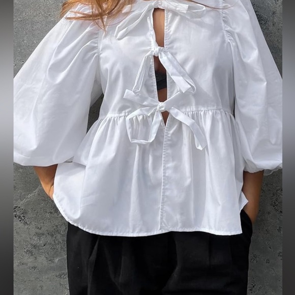 NWT White Puff Sleeve Peplum Top Sz M Women - Picture 5 of 6